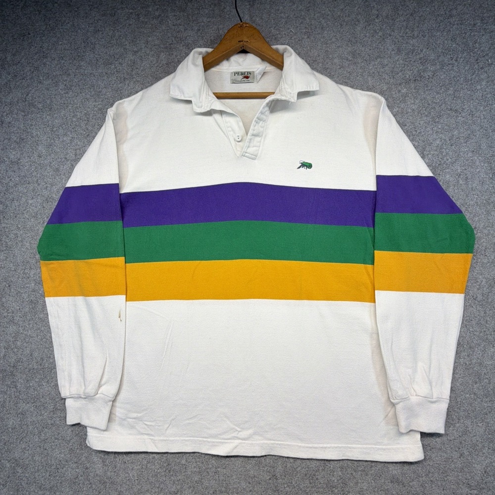 Vintage Perlis Mardi Gras Rugby Shirt L Striped USA Cajun Clothing Co USA